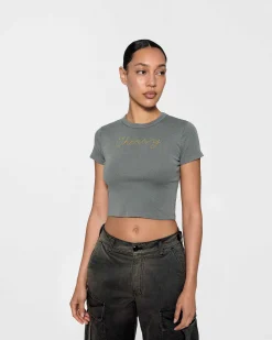 Cherry Women'S-Chain Stitch Baby Tee (Ash)