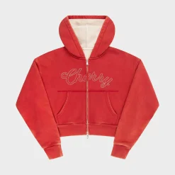 Cherry Sweatshirts-Cropped Thermal Zip-Up (Vintage Red)