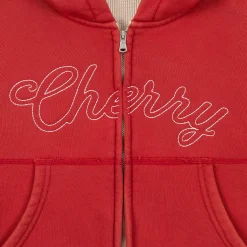 Cherry Sweatshirts-Cropped Thermal Zip-Up (Vintage Red)