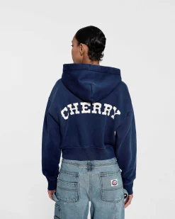 Cherry Sweatshirts-Women'S Cropped Zip-Up Hoodie (Navy)